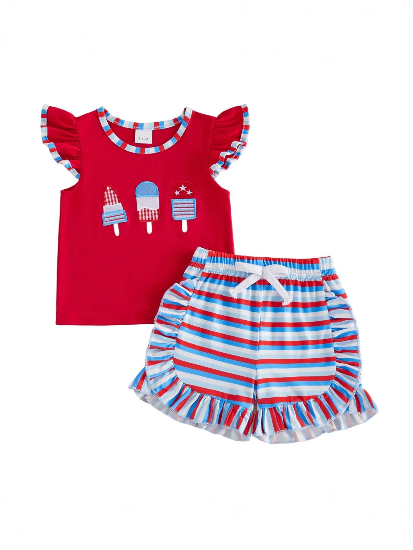 July 4th Independence Day Embroidery New Red Short-Sleeved Striped Shorts Girls Summer Collection Set RTS