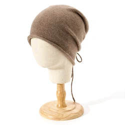 100% Pure Cashmere Knitted Hat Women &Men Head Drawstring Neck Collar Luxury Beanies Warm Soft Adjustable Bonnet Hats Men