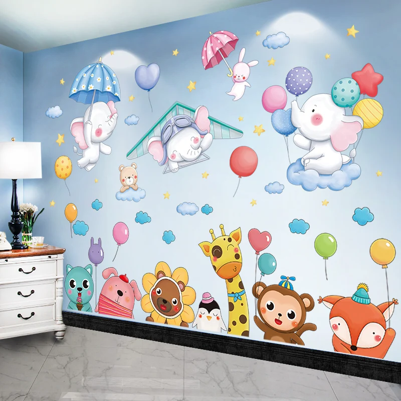 

[SHIJUEHEZI] Cartoon Animals Wall Stickers DIY Creative Balloons Clouds Mural Decals for Kids Rooms Nursery Home Decoration