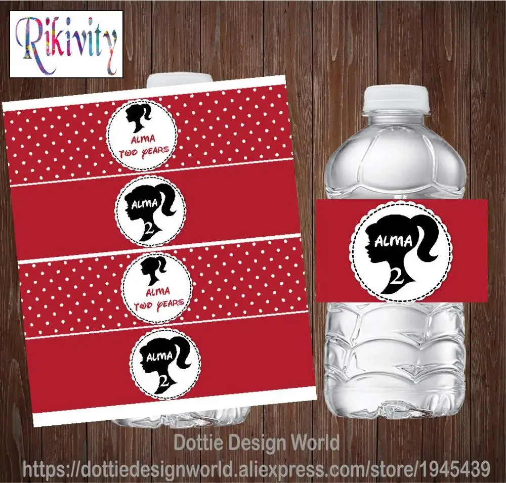 Personalised Red Polka Dot Princess Water Bottle Labels Candy Wrapper Logo Stickers Baby Shower Birthday Party Decor Supplies