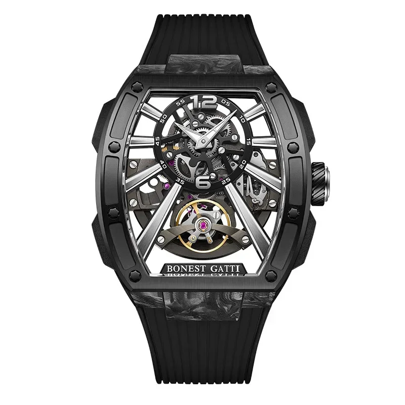 BONEST GATTI watch men's wine barrel shaped fully automatic hollow mechanical watch carbon fiber sports watch