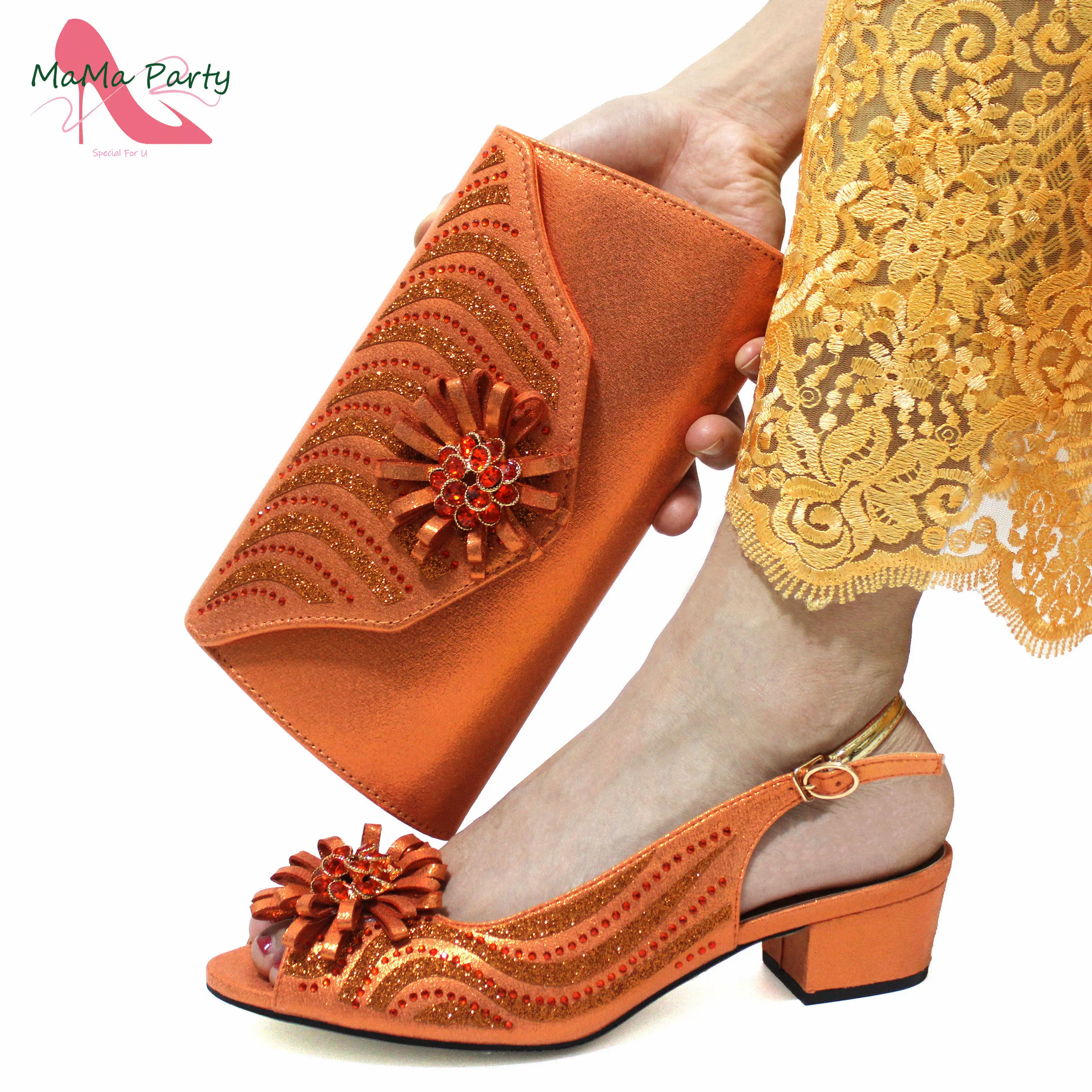 

Fashion New Design African Elegant Ladies Shoes Matching Bag Set in Orange Color Slingbacks Peep Toe Low Heels for Wedding