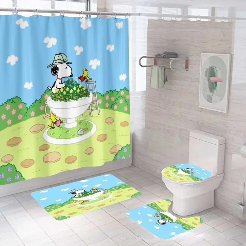 Snoopy Shower Curtain Printing Anime Waterproof Mildewproof Shower Curtain Set of Four Bath Creative Personality Shower Curtains