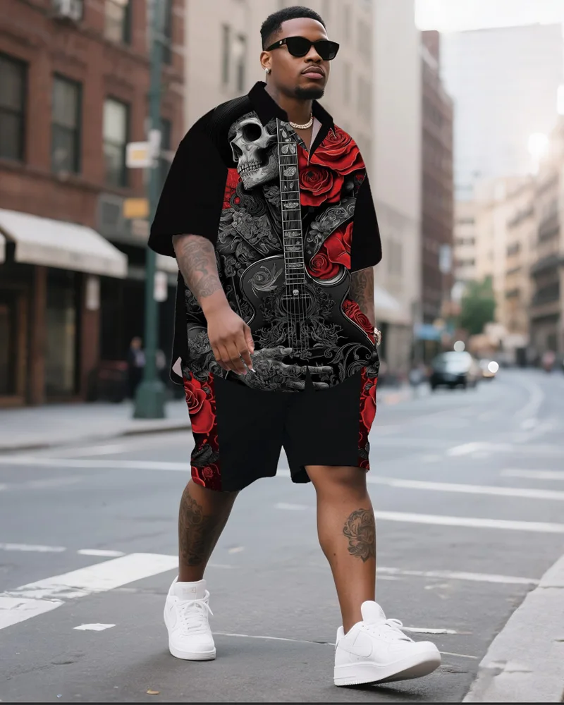 

S-9XL Men's Large Size Rock Punk Skull Shirt Short Sleeve Shorts Two-piece Set