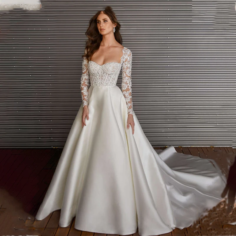 Elegant Sweetheart Wedding Dresses With Full Sleeves Lace Jacket  A-line Simple Styles Bridal Dress with Court Train