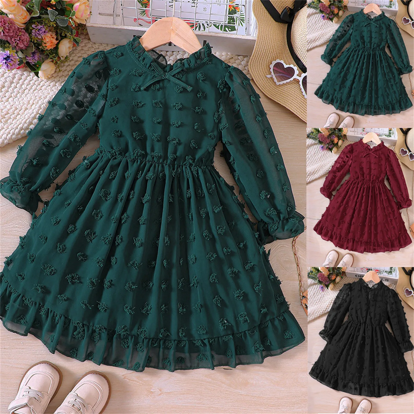 Toddler Girls Dot Jacquard Dress Long Sleeve New Solid Elegant Chiffon A Line Ruffle Dress Autumn Kids Birthday Party Dress 1-6Y