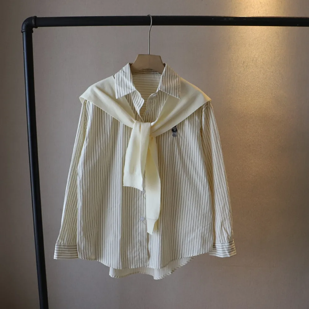 

Chic Y2K Striped Shirts Women Button Up Preppy Style Long Sleeve Blouse Outfits Loose Knitted Shawl Shirts Girls