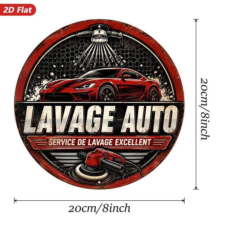 2D Flat, 1pc Luxury Car Wash Round Metal Sign Wall Art, Red Sports Car, Perfect for Entryway Study Kitchen, High Pressure Wash,