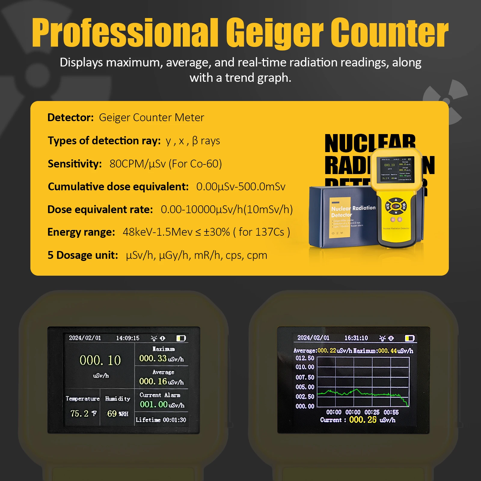 Portable Geiger Counter Radiation Detector for Gamma Beta X-Ray, 0-10000µSv/h, LCD Display, Sound/Light/Vibration Alarm, 1100mAh