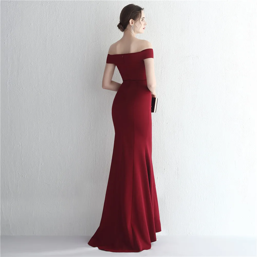 Sexy V-neck Off Shoulder Rucehd Mermaid Satin Long Formal Evening Dress