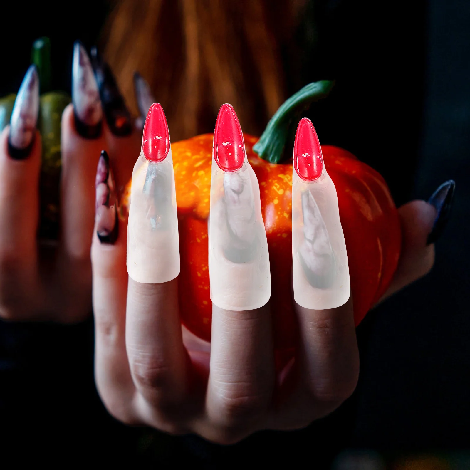 10pcs Halloween Witch Fingers Nail Covers Prank Fake Fingers Glowing Costume Props glowing witches nails