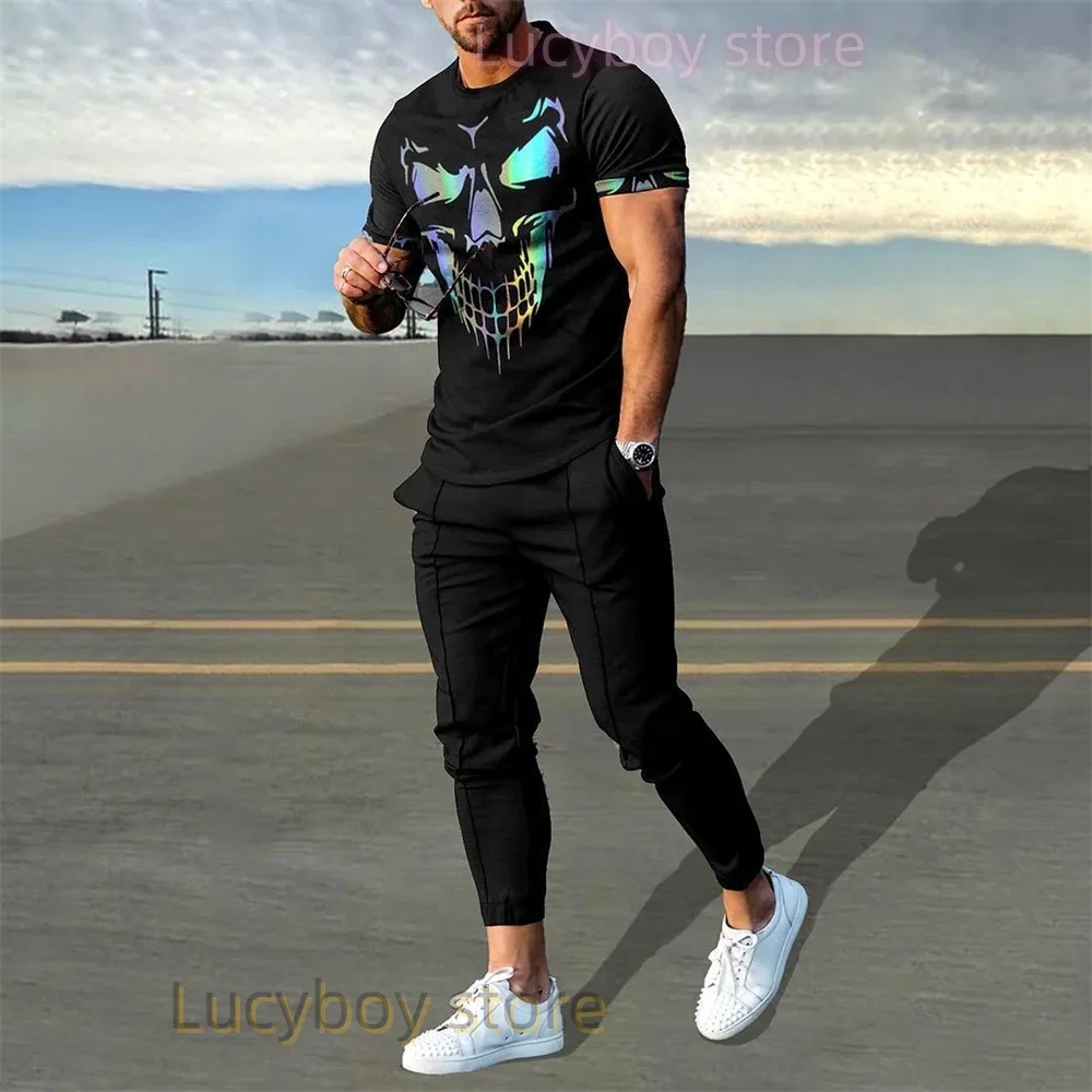 Luxury Men Tshirt Suit Tracksuit 3D Printed Sportswear Short Sleeve T-shirt Long Pants Streetwear 2 Piece Set for Male Clothes