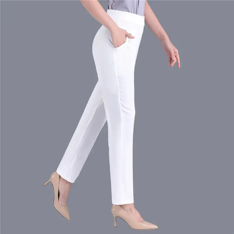 Plus Size Casual Women Elastic Basics Pencil Pants Straight Trousers OL Candy Colors High Waist Ankle-Length Pants Middle-aged