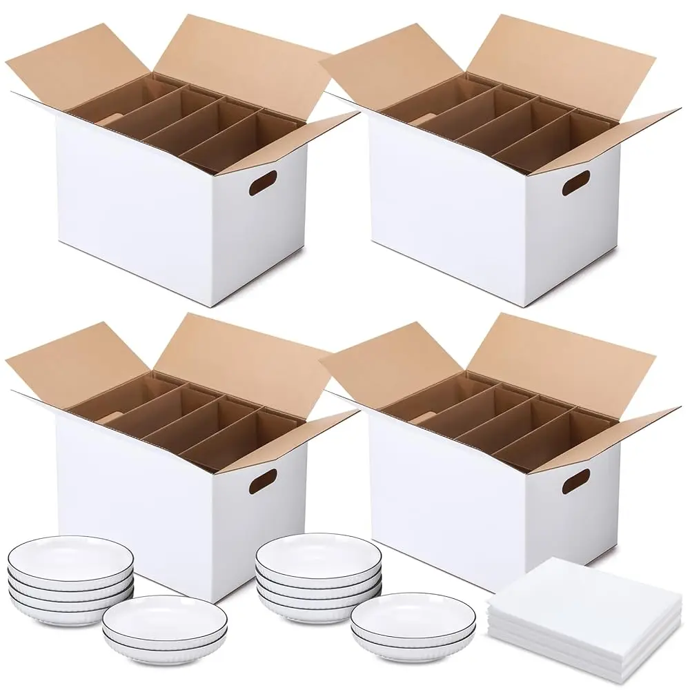 

4 Sets Dish Moving Boxes with Divider Kits 15 x 12 x 10 Inches Dish Packing Box Kitchen Moving Boxes with 18 Foam Pouches fo
