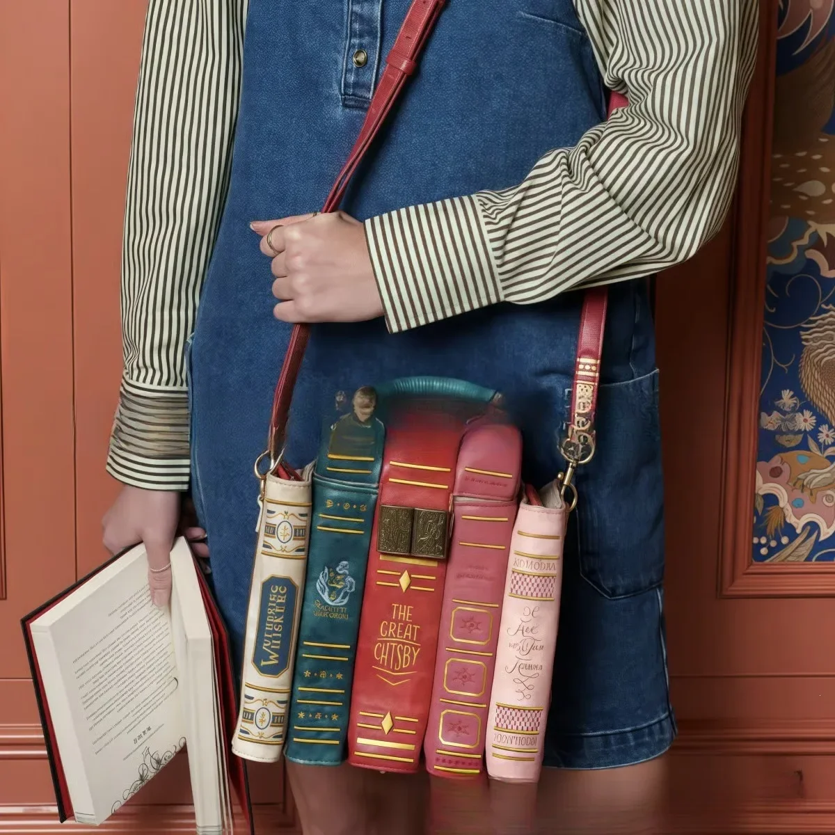 Novelty Book Shaped Backpack Crossbody Shoulder Bag Purse Stacked Book Vintage Retro Book Lovers Gift Women Girls Halloween