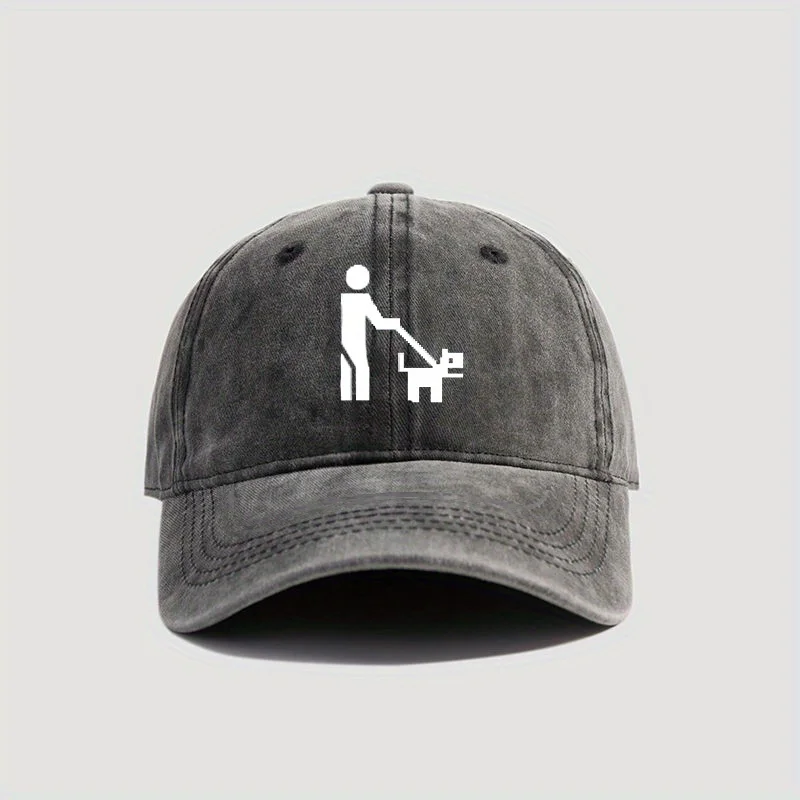 Vintage Washed Baseball Cap With Dog-Walking Graphic Print, Distressed Dad Hat With Pet Lover Design, Adjustable Strap Casual Ou