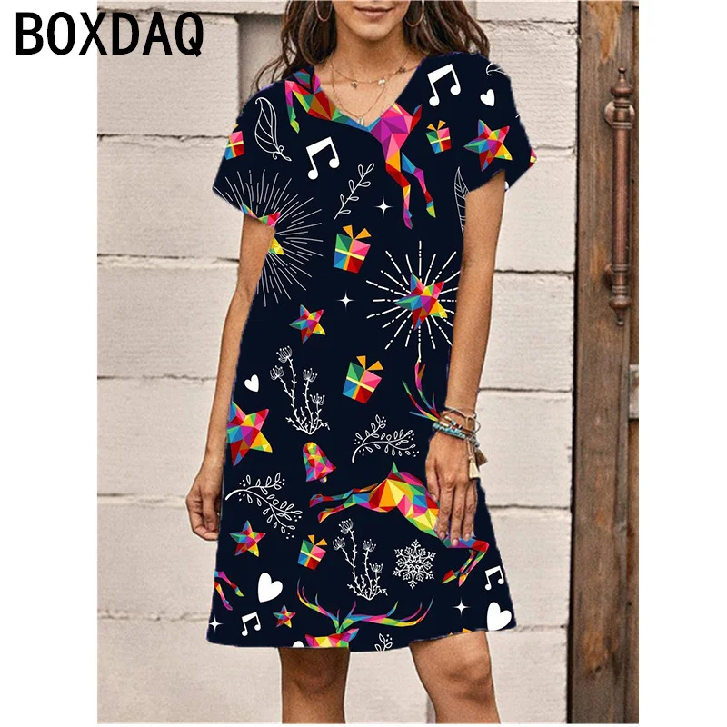 3D Christmas Elemental Print Dress Women V-Neck Short Sleeve Casual A-Line Dress Fashion Lasy Personalized Printed Street Dress