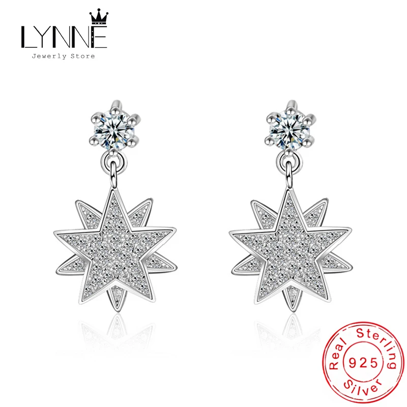 

New Fashion 925 Sterling Silver Star & Snowflake Long Drop Earrings AAA Cubic Zirconia Ear Stud For Women Earring Jewelry Gift