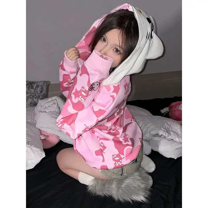 New Sanrio Hello Kitty Y2K Jacket Zipper Cardigan Hoodie Camouflage Blouse Sweatshirts Autumn Long Sleeve Sweater Jacket Female