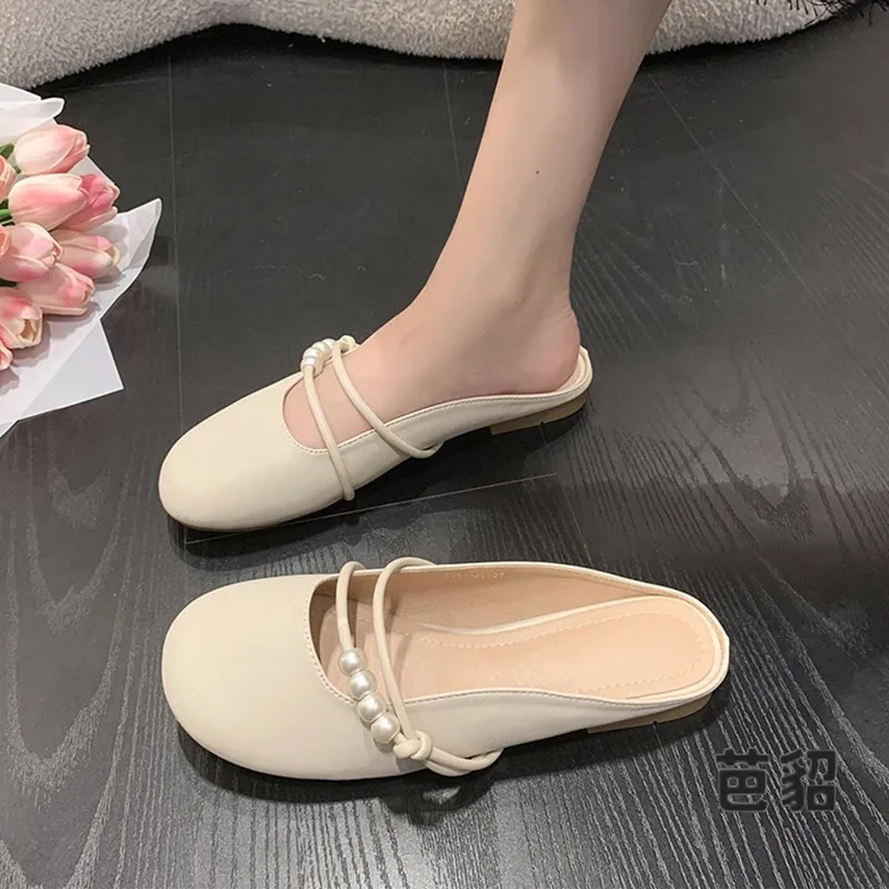 Summer Outdoor Women's Pearl Embellished Halftop Sandals Comfortable Maternity Slip-On Slippers Sweet Style Flat Heel Rubber ...