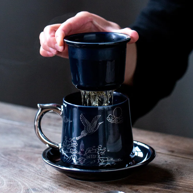 كوب مكتب بمقبض كوب شاي مكتب للرجال والنساء كوب فلتر سيراميك مع غطاء هدية فصل الشاي #4