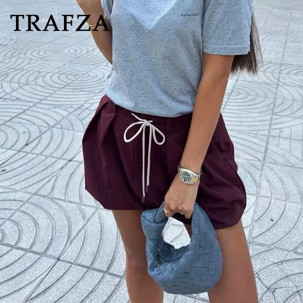 TRAFZA 2024 Autumn Winter Casual Women Suits Fashion Solid Zipper Turn-down Collar Jackets+Chic Drawstring Mini Ladies Skirts