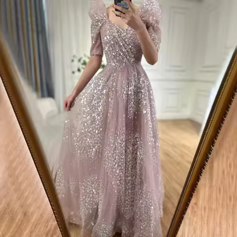 Wasisi Customized Dubai Arabic Long Party Dress Pink A Line Beaded Evening Elegant Gown Luxury Dress for Women FLA72447