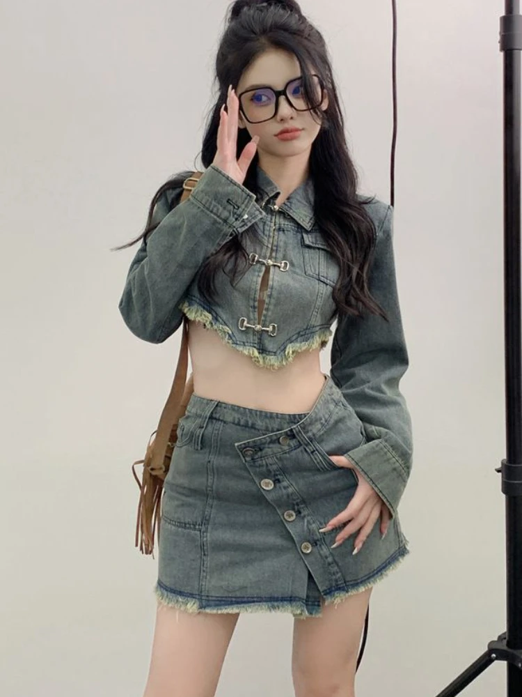 2 Pcs Sets Women Spring Denim Crop Jackets Slim Irregular Mini Skirts American Retro Temperament High Street Distressed Chic Ins