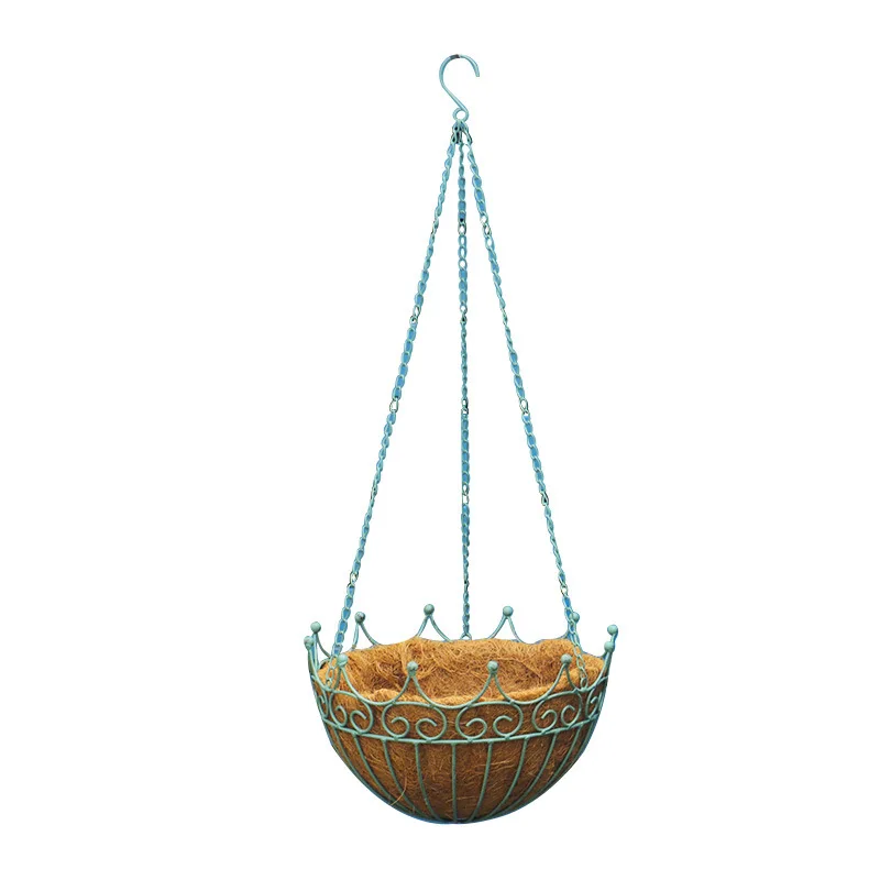 

European retro set, two crown hanging baskets, hanging flower baskets with coconut palm, wrought iron old balcony