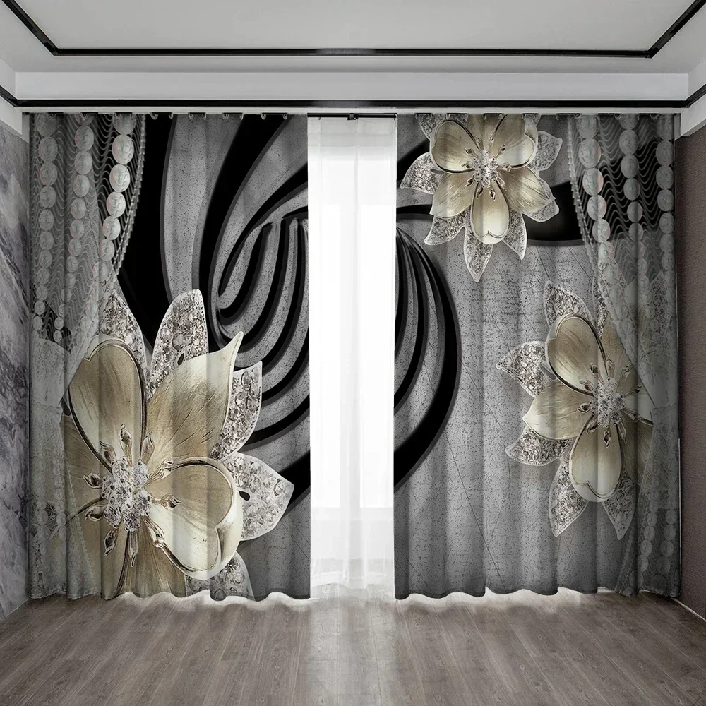 Spiral Illusion Modern Luxury Women Girl Light Filtering Drapes Flower Decor 2 Panels Thin Curtains For Bedroom Living Room