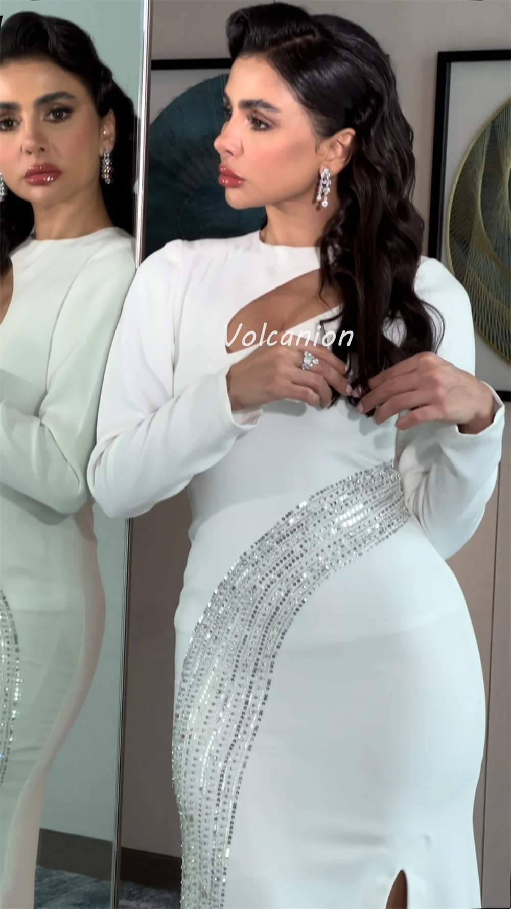 Personalizado elegante clásico Jersey lentejuelas plisado columna cuello redondo vestidos largos vestidos de ocasión a medida alta calidad Formal