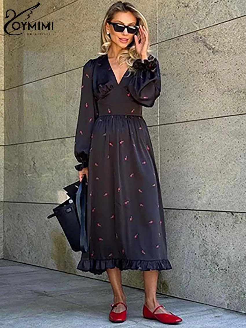 

Oymimi Casual Black Print Women's Dress Elegant V-Neck Long Sleeve High Waist Dresses Fashion Pleated Mid-Calf Dresses Female