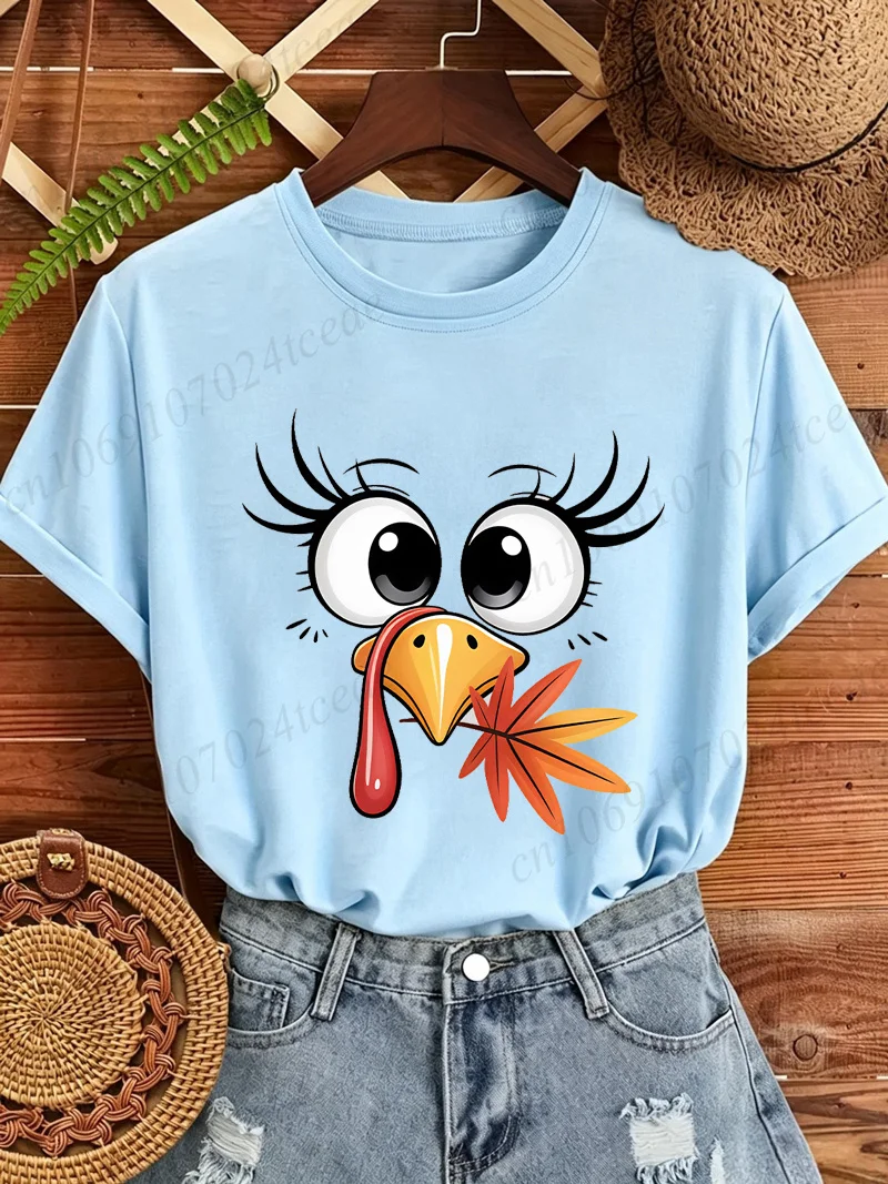 Cute Turkey Face Print Women T‑Shirt Thanksgiving Day Maple Leaf Graphic Shirt Short Sleeve O‑neck Casual Loose Autumn Tops Tees