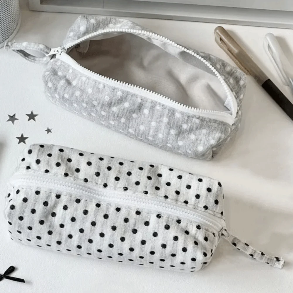 Estuche multifuncional para lápices con diseño de lunares, bolsa de maquillaje de gran capacidad, organizador de bolígrafos portátil y bonito para estudiantes