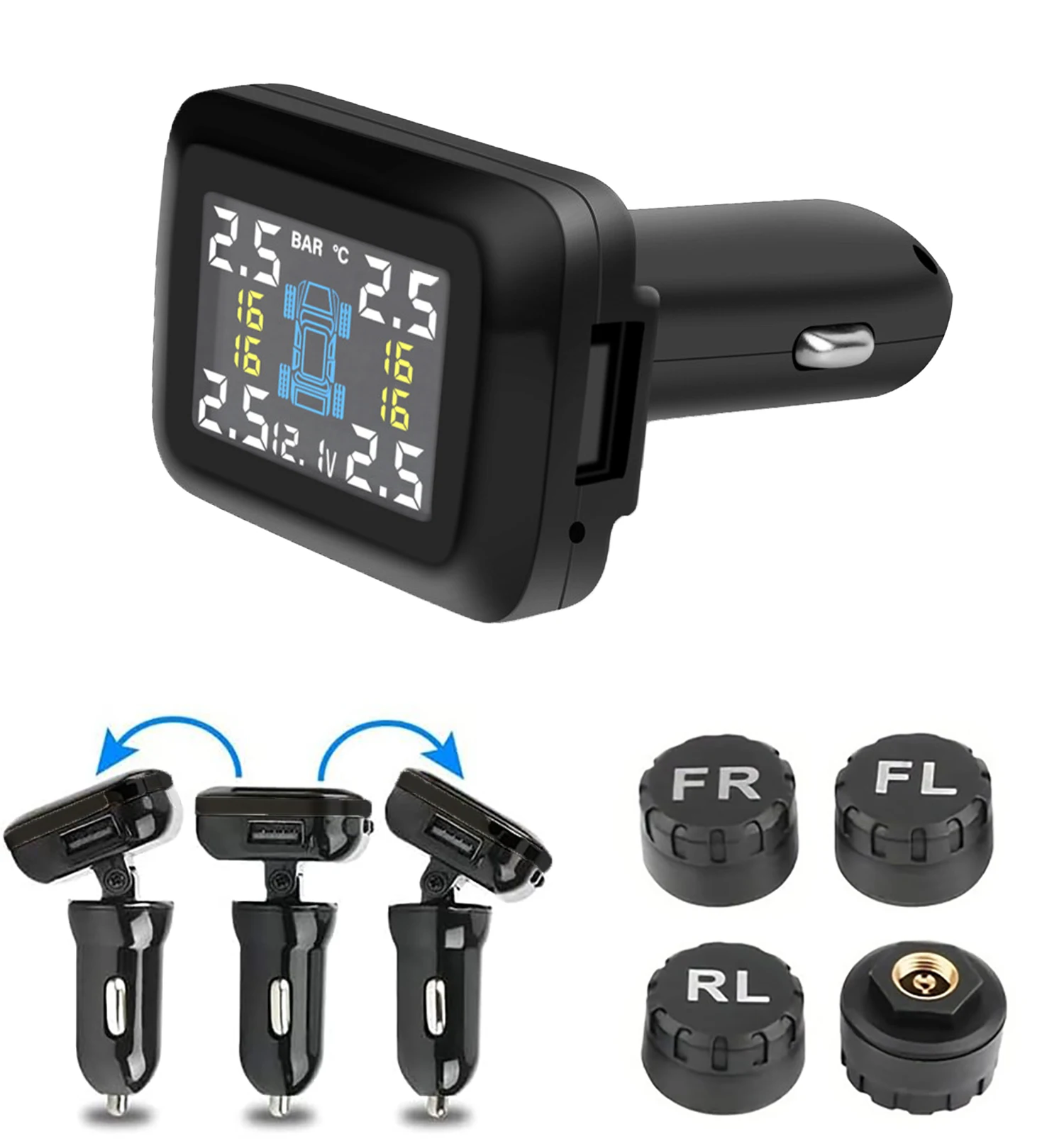 Car TPMS Tire Pressure Monitoring System Car Cigarette Lighter Alarm Tire Pressure Gauge Temperature Warning with 4 Sensors ATV