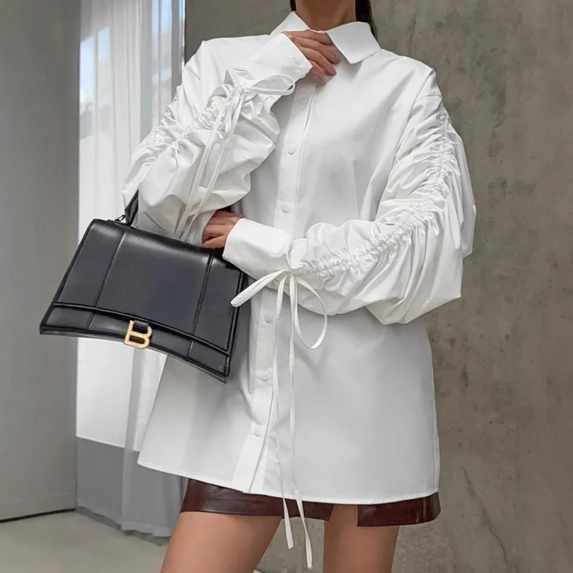 

Осенняя женская блузка из 100% хлопка с отложным воротником и пуговицами, рубашка с рюшами на шнурке для женщин, офисная женская верхняя одежда