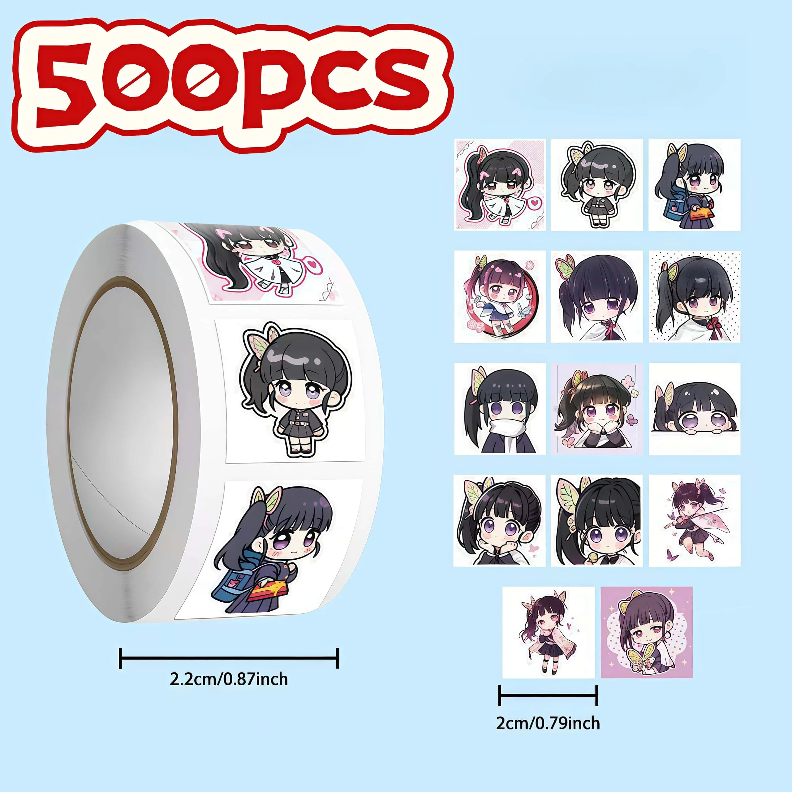 500Pcs Demon Slayer Kanao Tsuyuri Chibi Sticker Roll, Cute Multi-Expression Anime Decals for DIY, Journal & Gift Decor