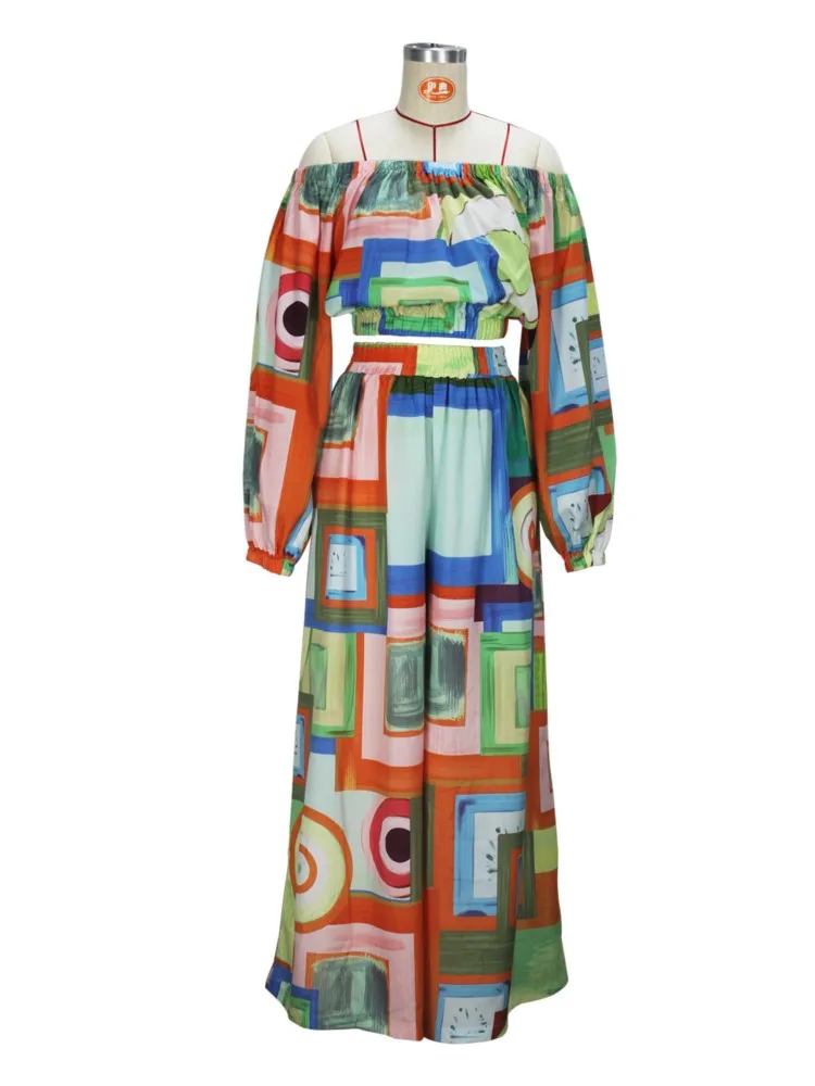 Printed Casual Two Piece Set Women 2025 Summer New Fashion Elegant One Line Neck Tops And High Waist Wide Leg Pant 2 Piece Sets