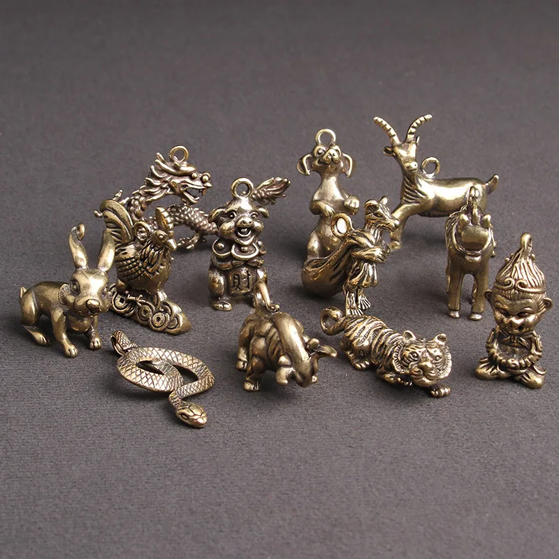 Brass Solid Zodiac Keychain Pendant Chinese Fengshui Wealth Attraction Desktop Mini Pendant Desk Home Decoration Mouse Ox Tiger