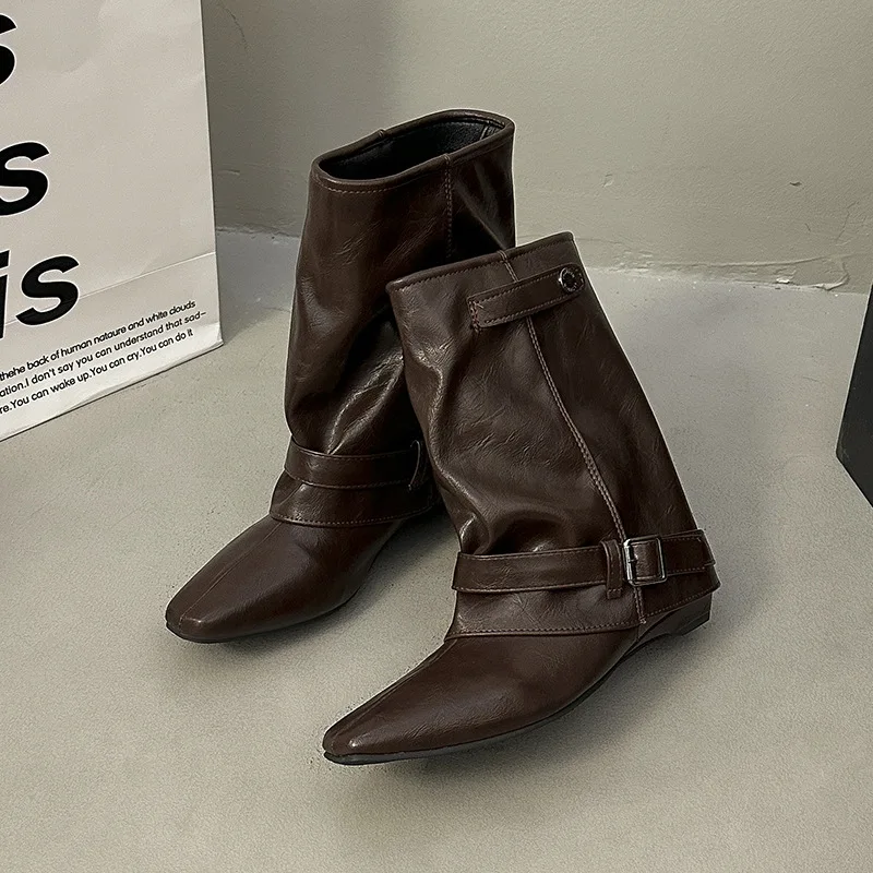 2026 New Designer Women Knight Boots Fashion Wedges Low Heel Dancing Dress Shoes Street Style Banquet Party Short Botas Mujer