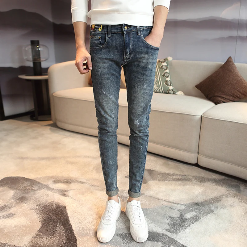 

Slim Fit Small Size Men's Jeans Elastic Korean Style Long Pants Spring Autumn 26 27 Size Cotton Stretch Denim Casual Fashion