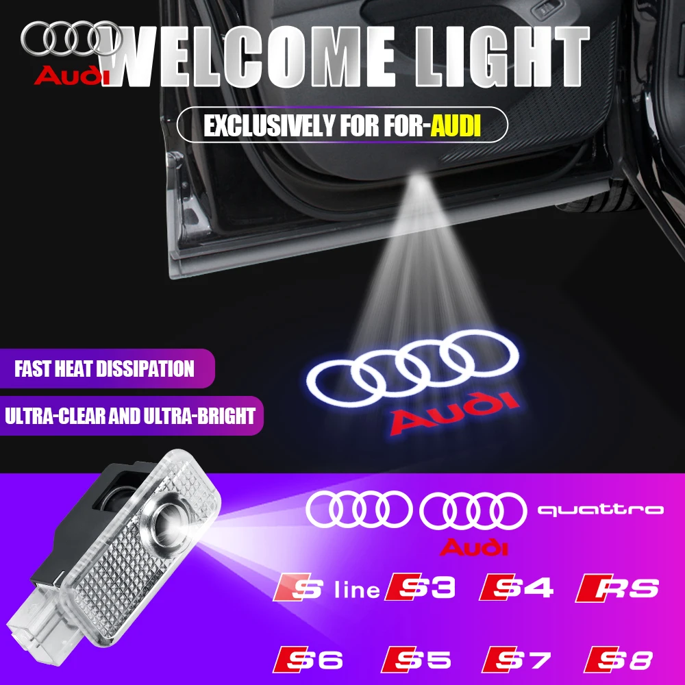 Luzes LED do projetor da porta do carro HD, lâmpada de boas-vindas para Audi RS, S LINE, S3, S4, S5, Quattro, Q7, Q5, A3, A5, A7, A6L, A4L, A8L, r8,