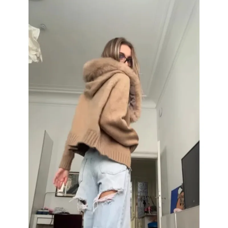 

Chic Fur Collar Cropped Jacket Coat Hooded Knitted Sweater Women Casual Solid Autumn New Zip-up Outerwear High Street Outfit