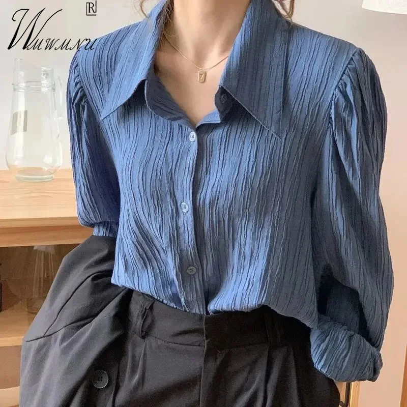 

Fashion Design Fold Women Blouses Solid Color Spring Vintage Shirt Single Breasting Lapel Thin Tops OL Long Sleeve Blusas Mujer