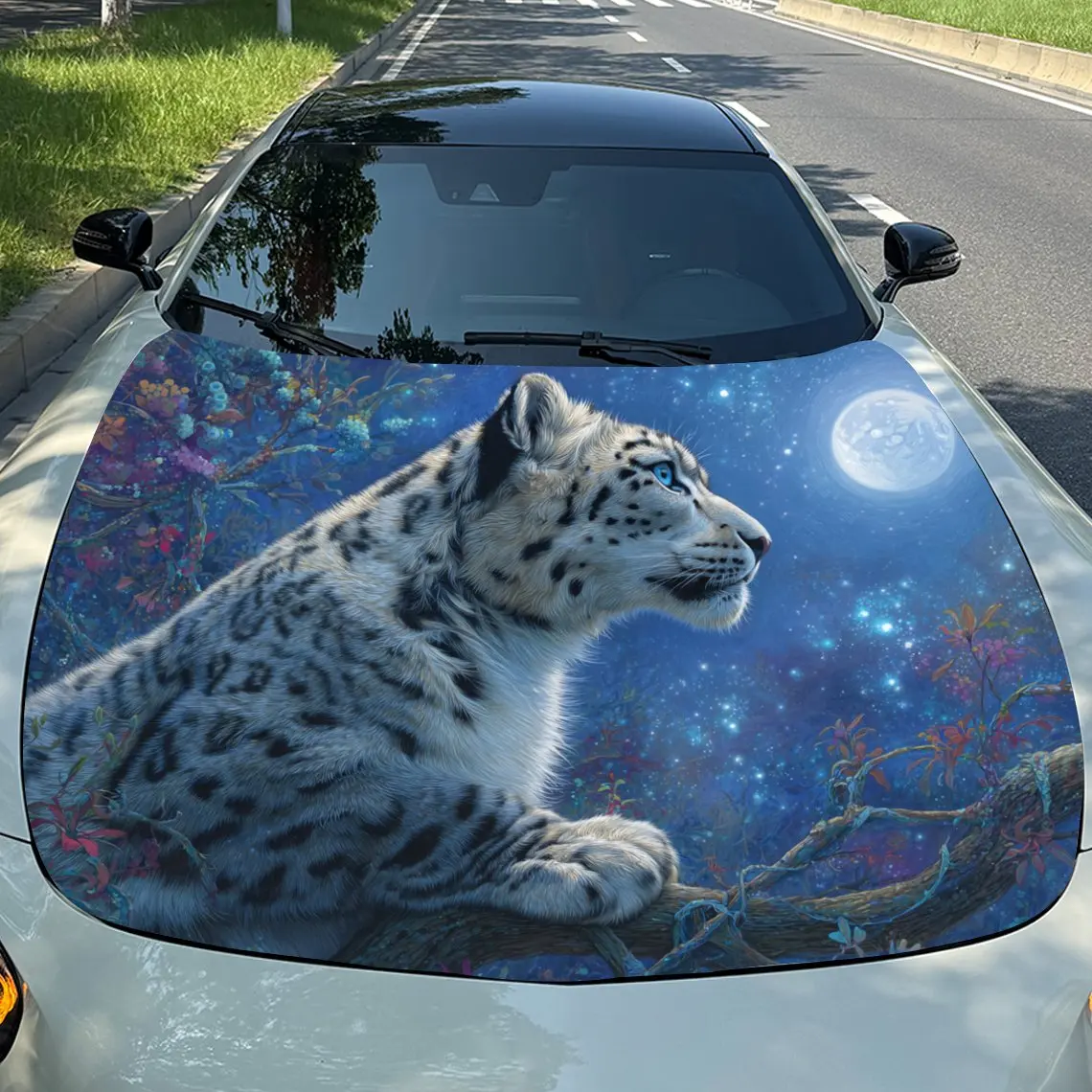 

Car Decals Realistic Snow Leopard with a Moonlit and Starry Night Sky Backdrop Car Hood Sticker, Waterproof Self - Adhesive Viny