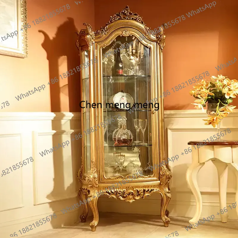 French style, all solid wood hand-carved wine cabinet, champagne-colored old glass decoration, collection cabinet