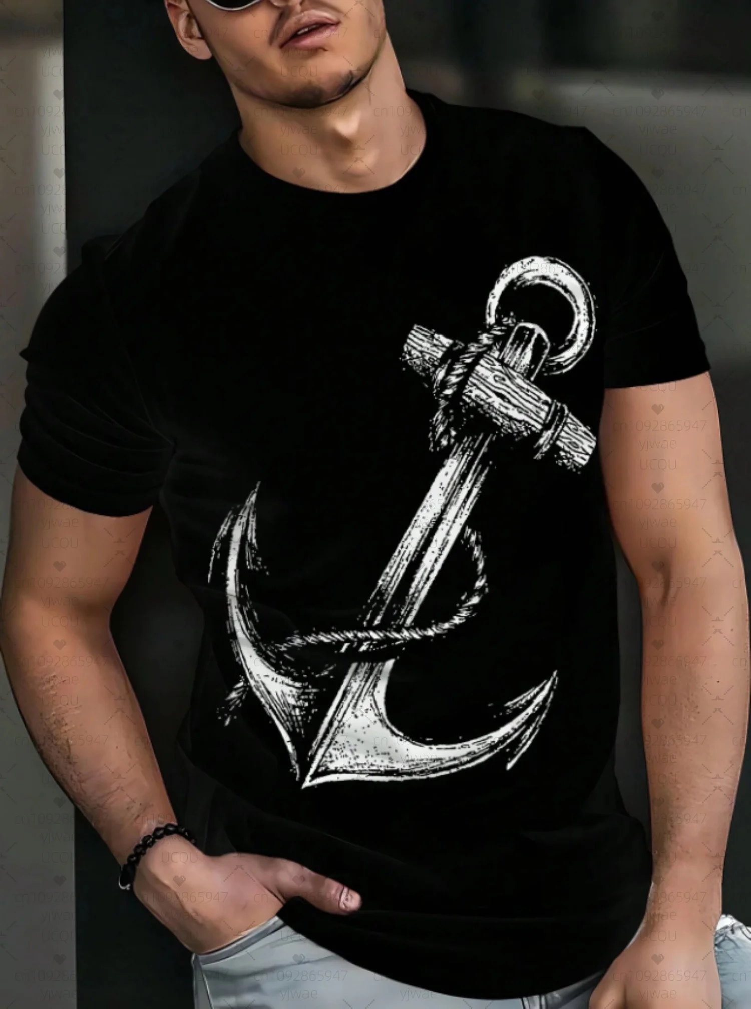 

2025 Men American anchor print t-shirt polyester Short Sleeve Tee Loose Men's Short Sleeve T-shirts Oversized Crew Neck T Shirts