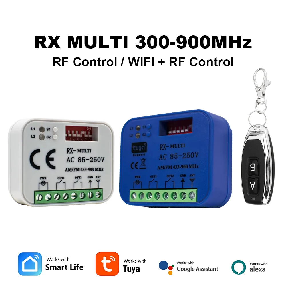 Rx Multi Receiver 300-900MHz Wifi Smart Garage Door Controller Gate Opener 2 Channel Momentary Relay 9-250V Work for Alexa