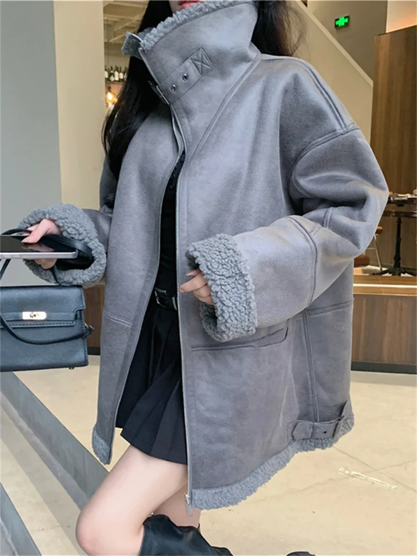 Alien Kitty Women Chic PU Coats Winter Loose Vintage Office Lady High Street 2025 Casual Thicken Double-Side Wear New Jackets