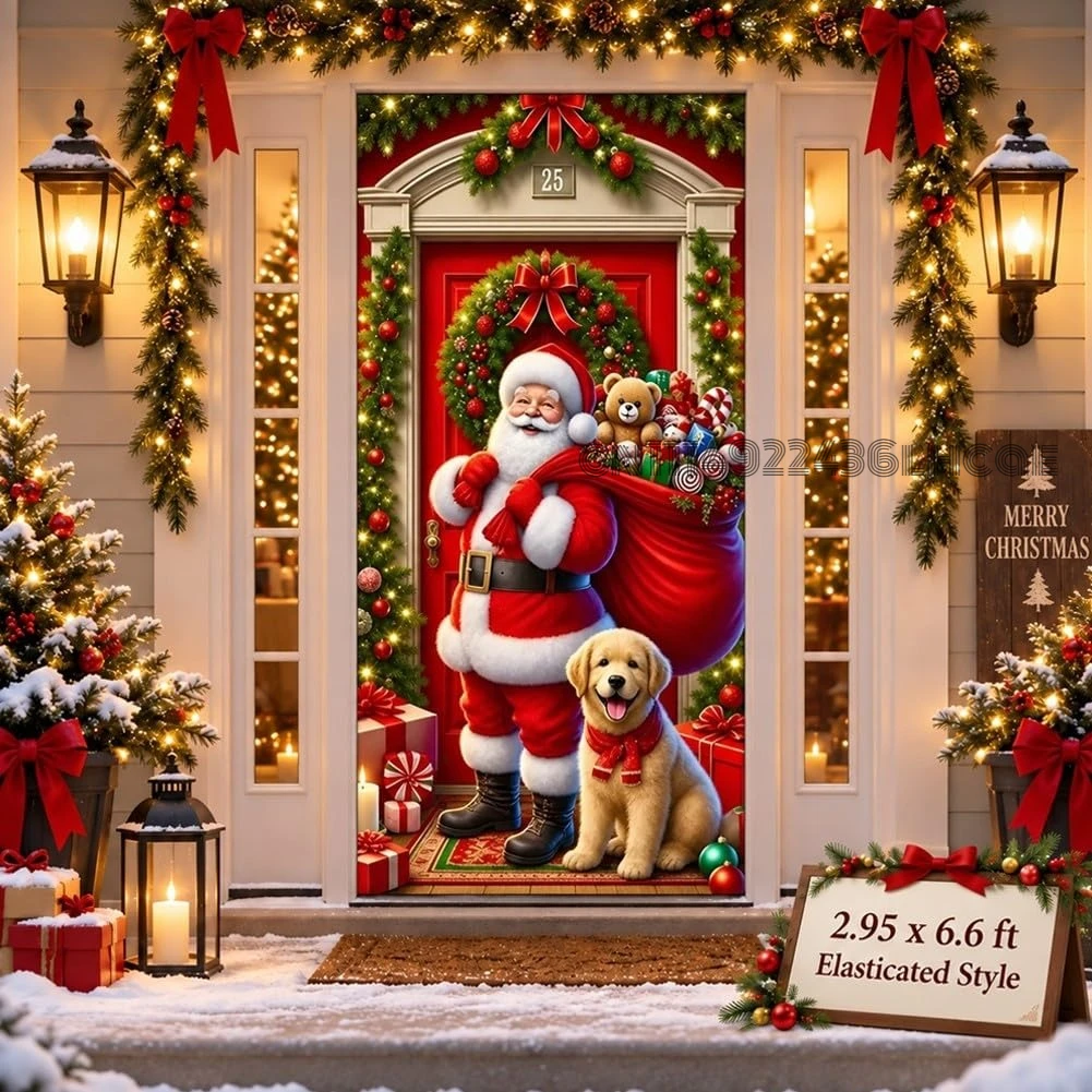 Christmas Door Cover with 4-Side Elastic Edges 3 X 6.6 Ft Santa & Reindeer Reusable Home Holiday Party Decor Stretch Fit Doors